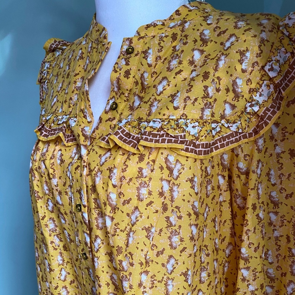 NEW Joie Yellow Puff Shoulder Ruffle Yoke Button-Down Cotton Blouse - Picture 5 of 5